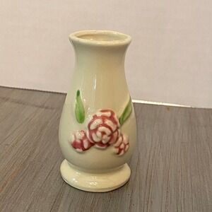 Vintage Miniature USA Pottery Ceramic Bud Vase Raised Pink Roses Floral Cream